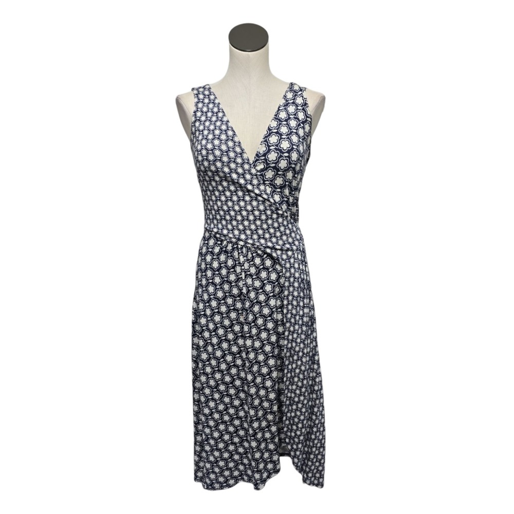 Boden Navy and White Sleeveless Wrap Midi Dress